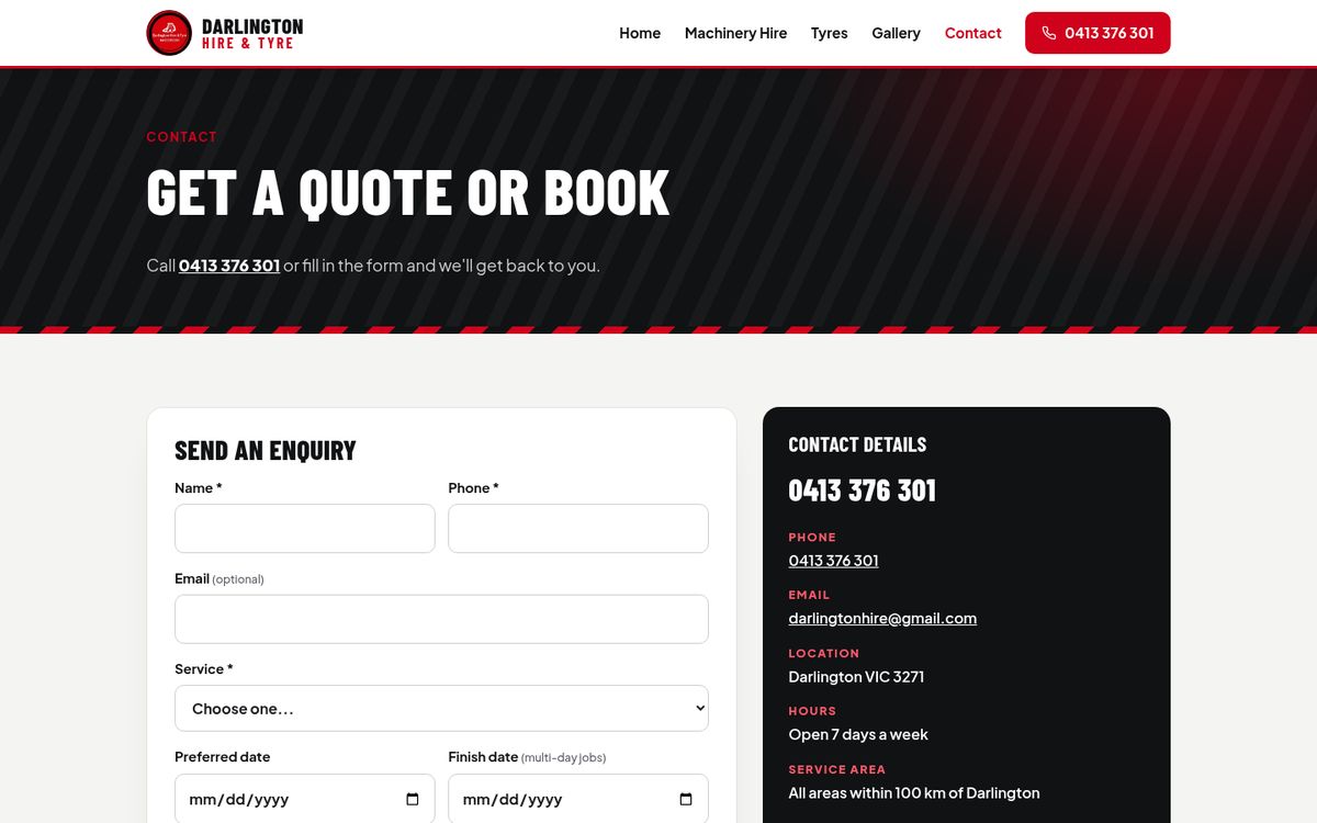 The Darlington Hire & Tyre contact page on a desktop: a Send an enquiry form beside a Contact details panel with phone, email, location, hours and service area