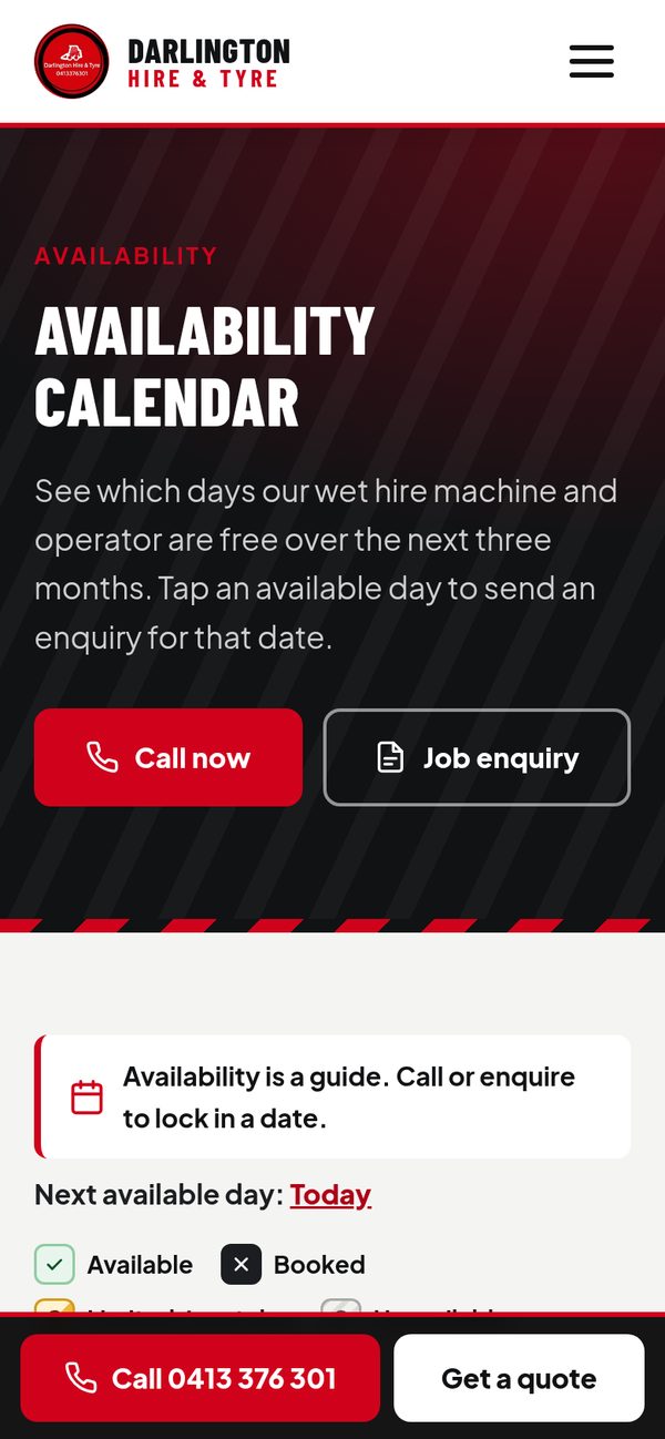 The public availability calendar on a phone: Availability Calendar heading, Call now and Job enquiry buttons, and status legend for Available and Booked days
