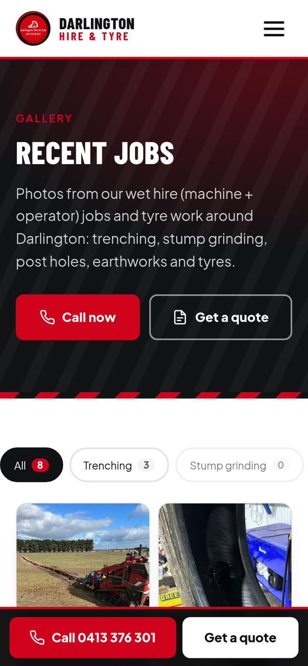 The public gallery page on a phone, titled Recent jobs, with category filters and job photos